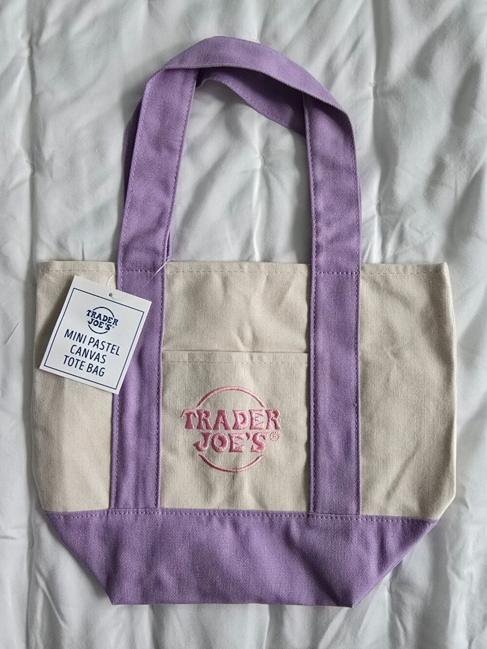 NWT Trader Joe’s Mini Tote Bag - Natural and Lavender/Light Purple NEW